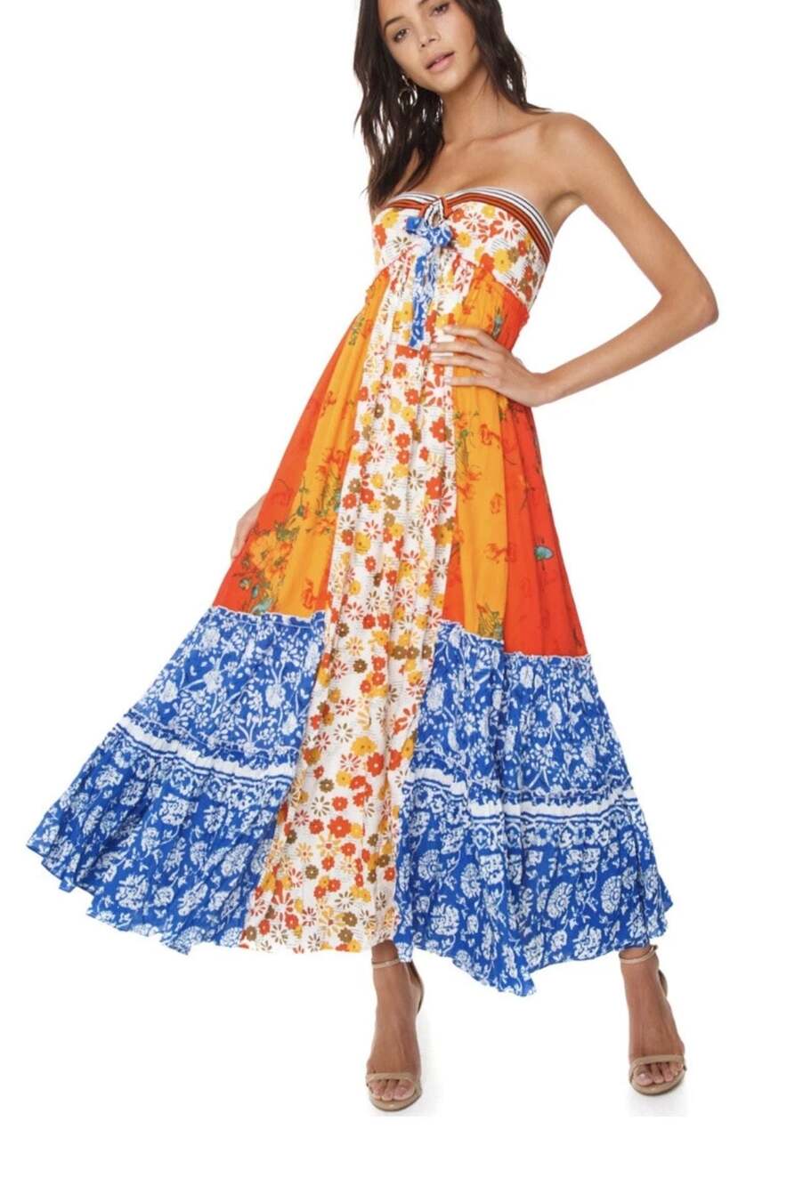 Free People Golden Dreams Maxi Multi Boho Long Dress sz XS Patchwork